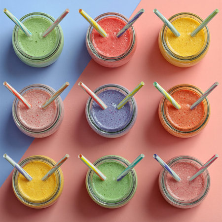 Colorful fresh smoothies arranged in a joyful flatlay with blooming flowers, perfect for a vibrant summer gatheringの素材