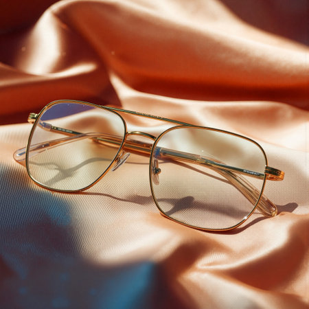 Modern eyeglasses resting on a soft pastel fabric with delicate floral accents under bright natural lightの素材