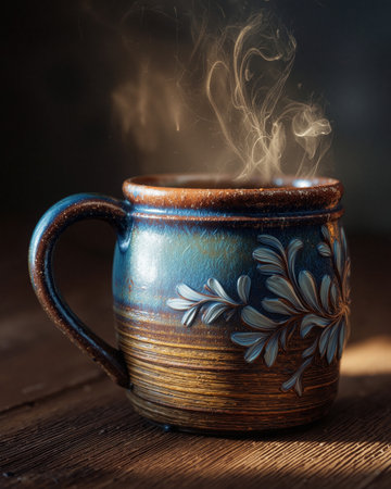 Handcrafted ceramic mug with floral design steam rising from warm beverageの素材