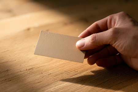 Holding a seed paper bloom in hand against a wooden surface for planting in sunlightの素材