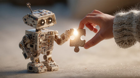 Toy robot offers glowing puzzle piece in a cozy indoor settingの素材
