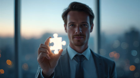 Young entrepreneur showcasing innovation with glowing puzzle piece in urban setting during twilightの素材