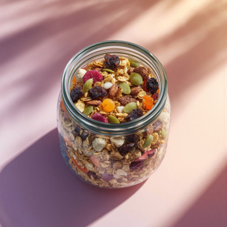 Glass jar filled with colorful layers of healthy snacks on a soft background with natural lightの素材