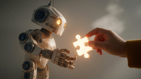 Toy robot interacts with a glowing puzzle piece in a cozy indoor setting during the afternoonの素材