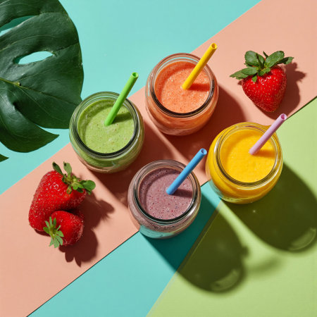 Colorful overhead flatlay of fresh smoothies with fruits and floral accents on light pastel backgroundの素材