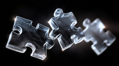 Three glossy puzzle pieces float gracefully against a dark background, showcasing their unique shapes and reflectionsの素材