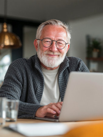 Smiling senior man using a laptop at home enjoying life and staying connected with family and friendsの素材