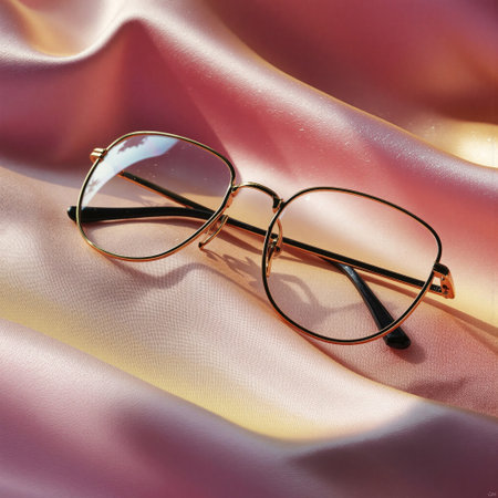 Modern eyeglasses resting on pastel fabric with floral accents in a soft, natural light settingの素材