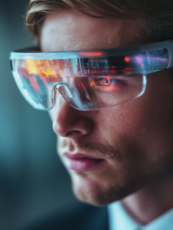 Young professional wearing smart glasses in a modern office environment, showcasing innovation and technologys impact on workの素材