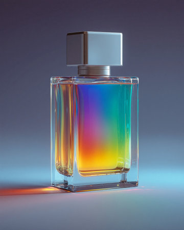 Minimalist perfume bottle with a vibrant colored bloom elegantly displayed against a soft gradient backgroundの素材