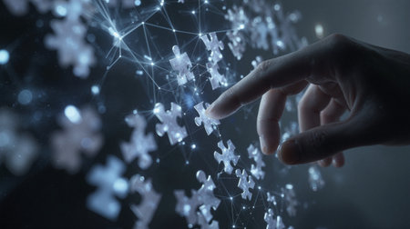 Puzzle pieces hover in mid-air, connecting and blooming in a creative display of imagination and designの素材