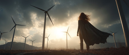 Figure in cape stands in front of wind turbines against a dramatic sky at sunsetの素材