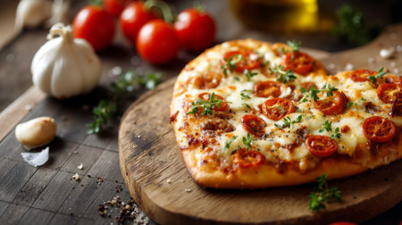 Heart-shaped pizza topped with fresh tomatoes and mozzarella on a rustic wooden boardの素材