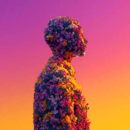 Colorful floral silhouette against a vibrant sunset backdrop in an artistic representation of nature and humanityの素材