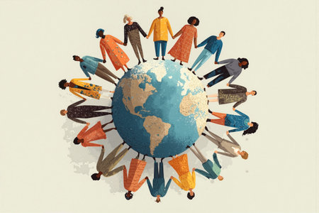 People from around the world hold hands together on a globe representing unity and diversity among cultures and communitiesの素材