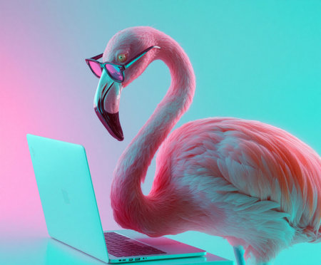 Sleek flamingo with reading glasses exploring a laptop in a vibrant setting filled with colorful lightingの素材