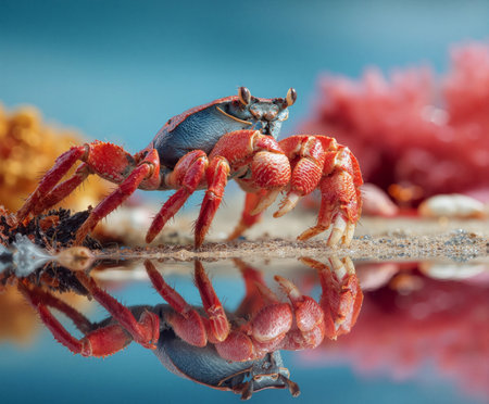 Crab explores reflection at beach shore during sunny dayの素材