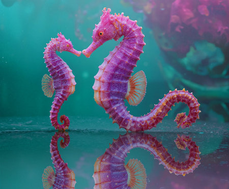 Seahorses hovering near mirrored glass surface in vibrant underwater settingの素材