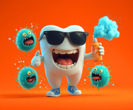 Fun tooth mascot wearing sunglasses promotes dental hygiene while battling germs in a colorful settingの素材