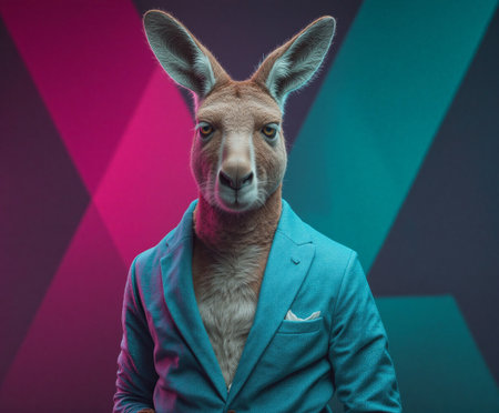 Kangaroo in a smart blazer presents a unique concept blending fashion and wildlife in a vibrant settingの素材