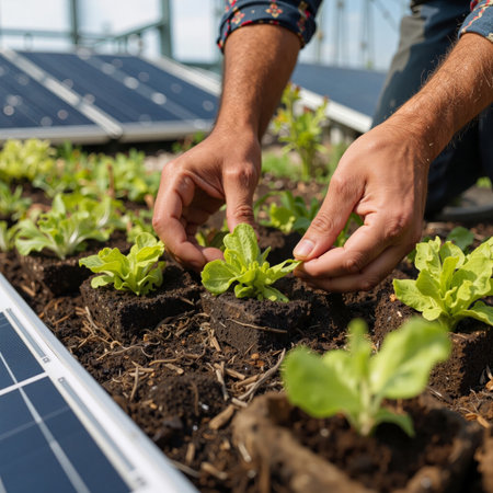 Farmer planting seedlings in field near solar panelsの素材