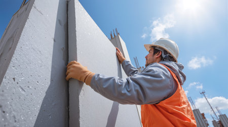 Worker lifting textured foam insulation panel at construction site under bright blue skyの素材