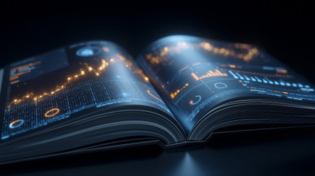 Glowing financial graphs and charts rise from an open book during analysis in a dark environmentの素材