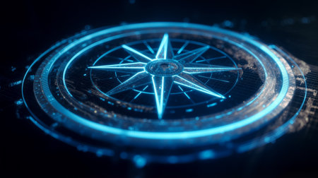 Digital compass surrounded by glowing holographic effects in a futuristic environmentの素材