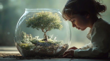 Planting a small tree inside a glass globe symbolizes hope and sustainability in an indoor setting with a curious childの素材