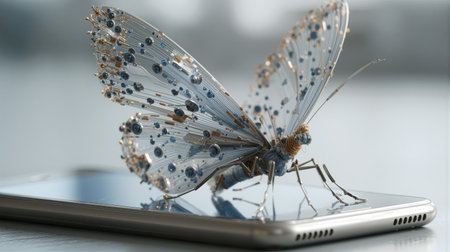 Butterfly emerging from smartphone screen symbolizes transformation and technologyの素材
