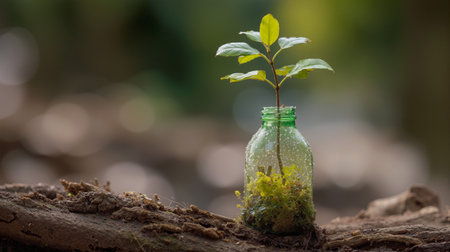 Growing plant emerges from plastic bottle in an eco-friendly setting, showcasing natures resilience and sustainability effortsの素材