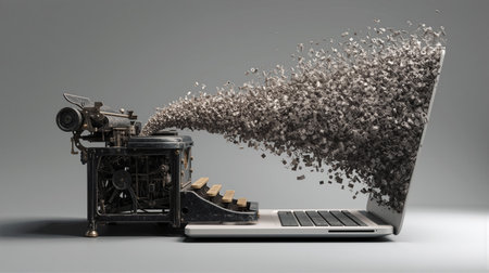 Evolution of technology shows a typewriter transforming into a modern laptop in a creative display of innovation and progressの素材