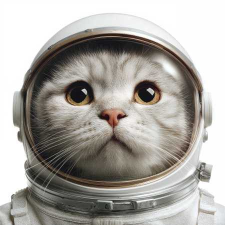 Cat in astronaut helmet ready for space adventure with curious expressionの素材
