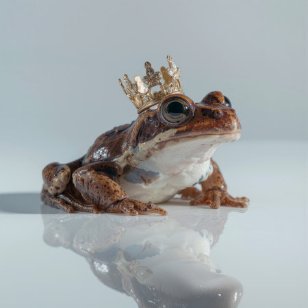 Frog in a tiny crown sits proudly on a reflective surface while showcasing its charm and whimsyの素材