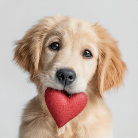 Golden retriever puppy holds red heart toy with love in a bright, cozy settingの素材