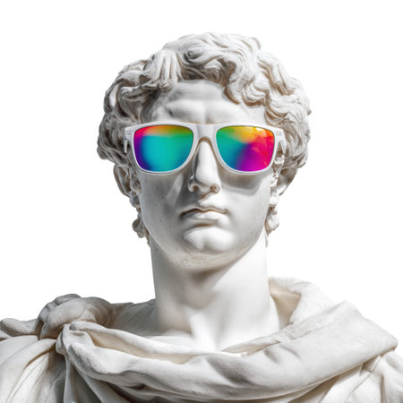 Marble statue adorned with colorful sunglasses and draped in fabric, showcasing a unique blend of classic art and modern flairの素材