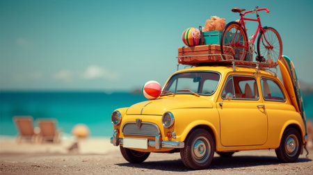 Classic yellow car parked near the beach with bikes, beach balls, and surfboards on top under a clear blue skyの素材
