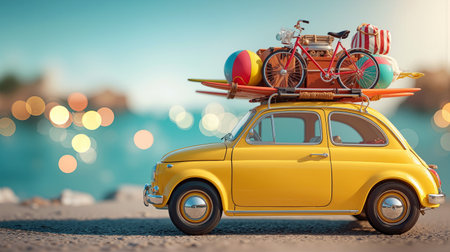 Classic yellow car with vintage items parked near a scenic waterfront on a sunny dayの素材