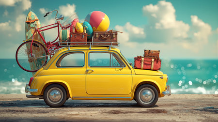 Classic yellow car with beach gear parked near ocean under a bright skyの素材