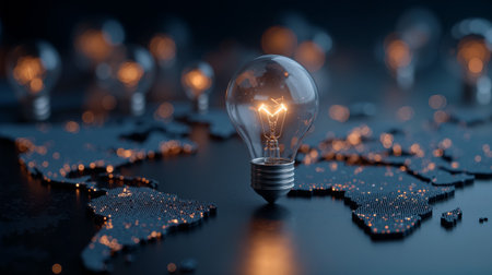 Illuminated light bulb resting on a world map with glowing elements highlighting different regionsの素材