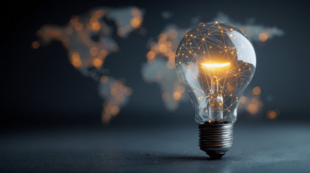Glowing light bulb with a network of connections against a dark background representing technology and innovationの素材