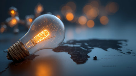 Glowing light bulb illuminating a map in a dim setting with warm, ambient lights in the backgroundの素材