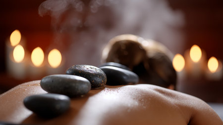 Hot stone massage treatment with steam and candles creating a relaxing atmosphere for wellness and tranquilityの素材
