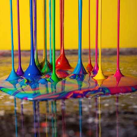 Colorful liquid paint clouds swirl and blend together on a surface under bright lightingの素材