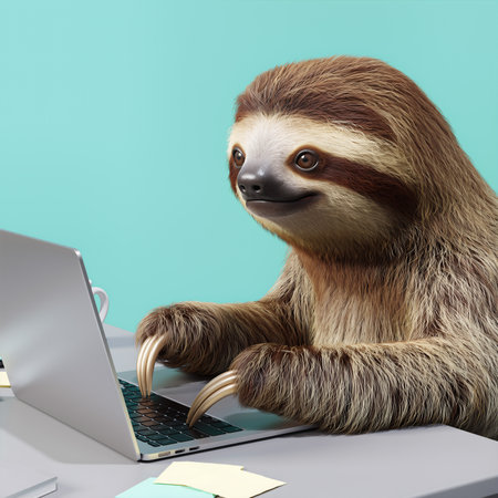 Sloth using a laptop in a modern workspace while working at a desk with sticky notesの素材