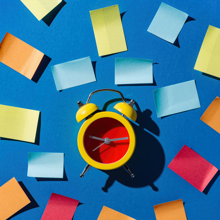 Brightly colored alarm clock surrounded by sticky notes on a blue surface during daylight hoursの素材