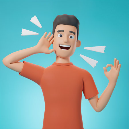 Young man in orange shirt smiling while making a hand gesture in a light blue backgroundの素材