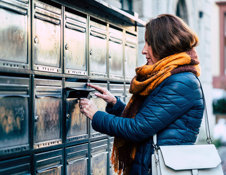 Woman checks mailbox during daytime in urban area while wearing warm clothesの素材
