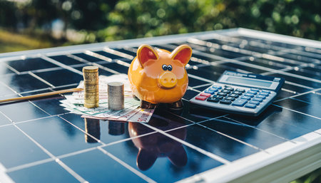 Bright sunlight shines on a piggy bank, coins, and a calculator placed on a solar panel at a green location during daytimeの素材