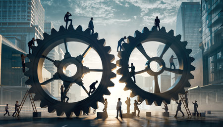 Creative teamwork unfolds in a cityscape with large gears and people working together during sunsetの素材